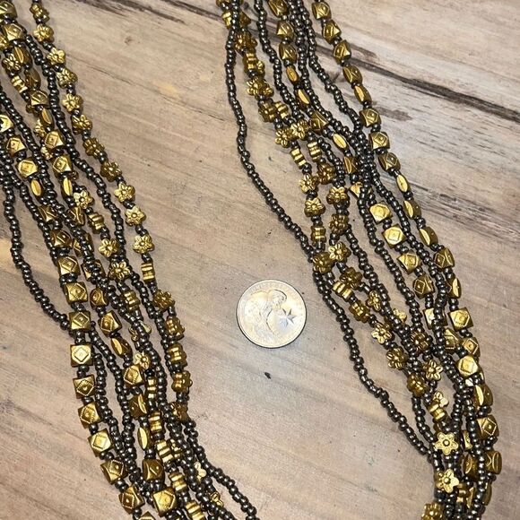8 Strand Gold Pewter Mixed Bead And Seed Beads Necklace, 40” - Picture 6 of 6